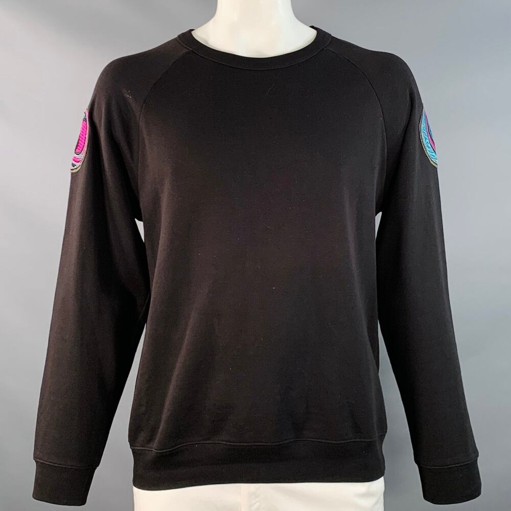 DRIES VAN NOTEN Size L Black Turquoise Applique Cotton Crew Neck Sweatshirt